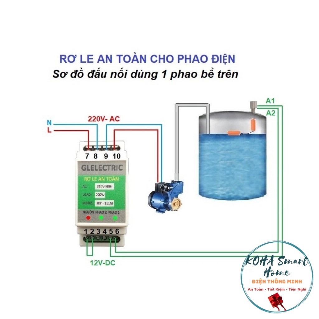 Role an toàn cho phao điện máy bơm GLelectric- SRF111M - 12V bồn nước chống giật, rò rỉ điện