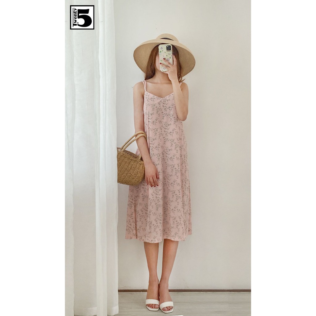 Đầm nữ midi dạo phố đi biển 2 dây xẻ sườn cổ tim có lớp lót Twentyfive N260