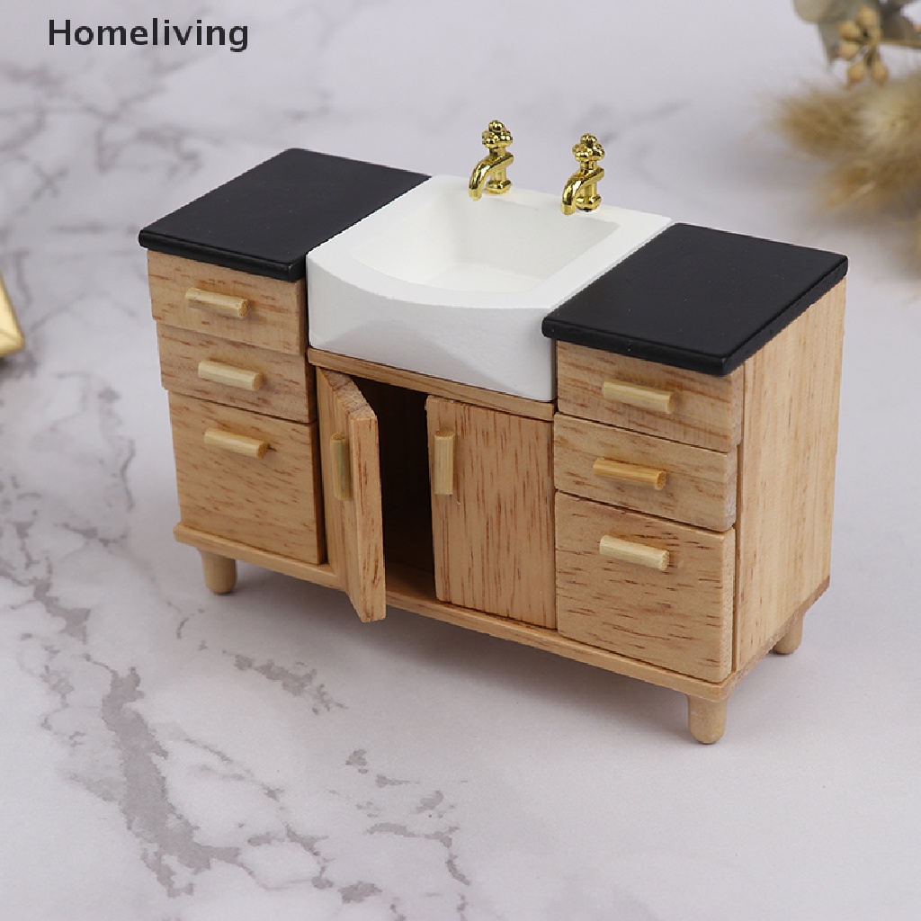 Mô Hình Tủ Chén / Bồn Rửa Bằng Gỗ Tỉ Lệ 1 / 12 Trang Trí Nhà Búp Bê