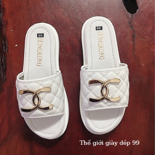 Dép nữ chaner quai ngang đế cao 5cm siêu nhẹ có 2 màu đen và trắng xinh xắn