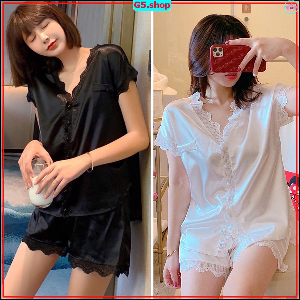 Bộ Pijama Lụa Cao Cấp Cánh Dơi Áo Cộc tay cúc cườm trơn phối ren Quần Đùi đồ ngủ nữ mặc nhà mùa hè mềm mại G5