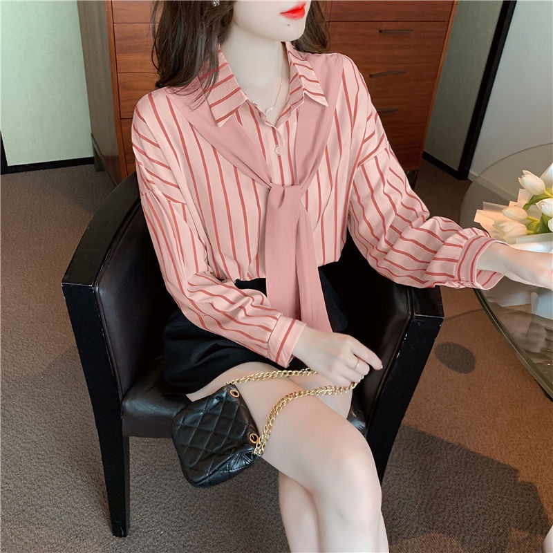 Áo Sơ Mi Tay Dài Dáng Rộng Họa Tiết Kẻ Sọc Phong Cách retro Hong Kong Thời Trang Mùa Thu Mới Cho Nữ