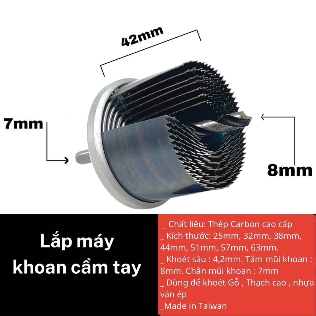 Bộ mũi khoét gỗ lỗ tròn khoan khoét thạch cao nhựa TTP 7 cỡ BMKG-TTP
