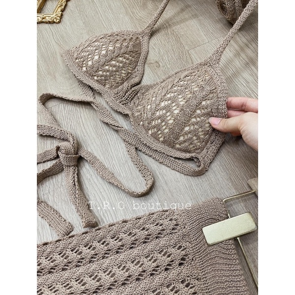 Set áo ngực quần ống rộng lưới đi biển, Set lưới bikini mặc đi biển siêu xinh