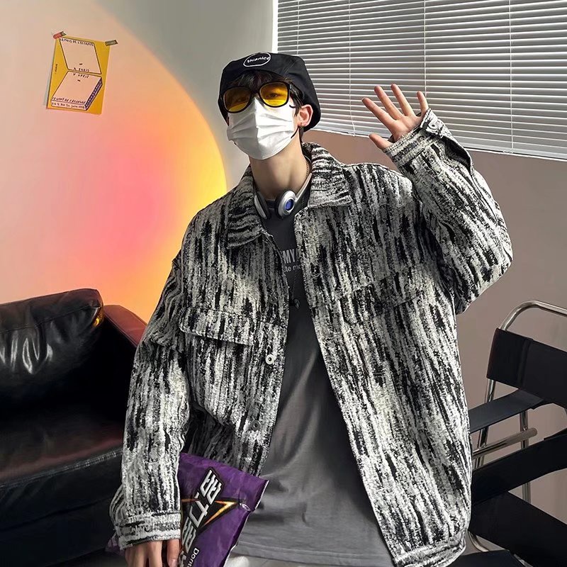 Áo Khoác Tay Dài Dáng Rộng Kẻ Sọc Nhuộm Màu Kiểu Hàn Quốc Thời Trang Mùa Thu Cho Nam