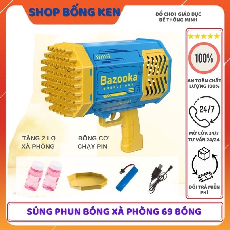 Súng Bắn Bong Bóng 69 Nòng BAZOKA Tặng Nước Xà Phòng dùng pin sạc kích thước 24x24x14cm