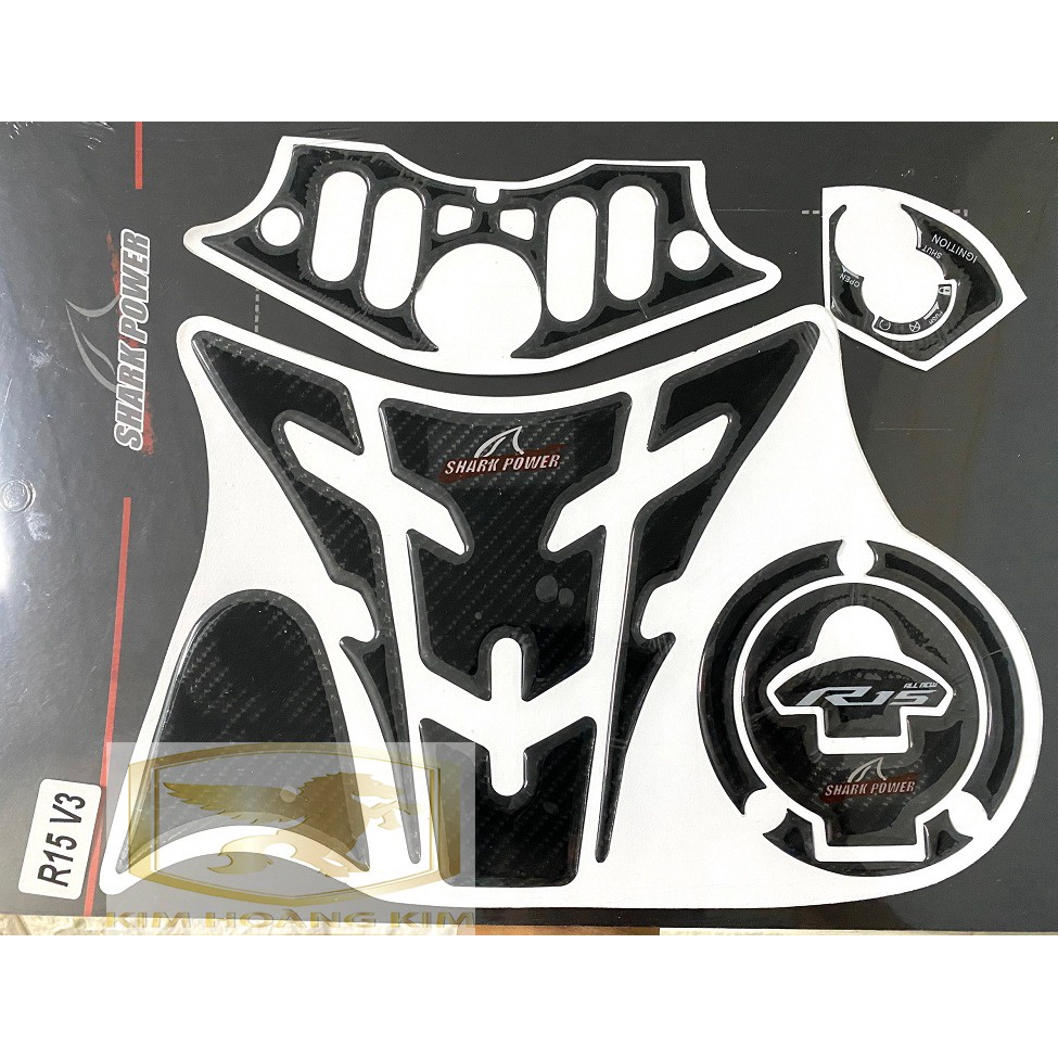 Tem Decal dán thùng xăng+ổ khóa+ghi đông xe moto R15 màu Đen
