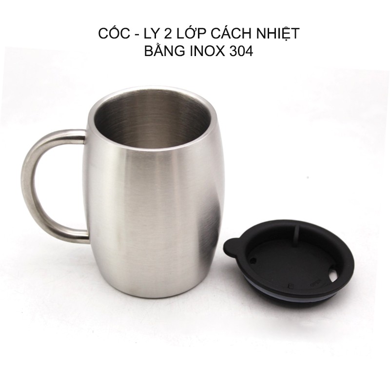 CỐC (LY) UỐNG CAFÉ BẰNG INOX 304 GF400 LOẠI 2 LỚP CHỐNG NÓNG, CÓ NẮP NHỰA