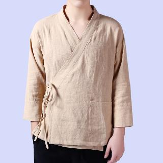 Hanfu đàn ông cải tiến cổ xiên bông vải lanh hàng đầu phong cách trung quốc nam phong cách trung quốc đạo giáo áo choàng vải lanh thiền quần áo áo khoác ngoài