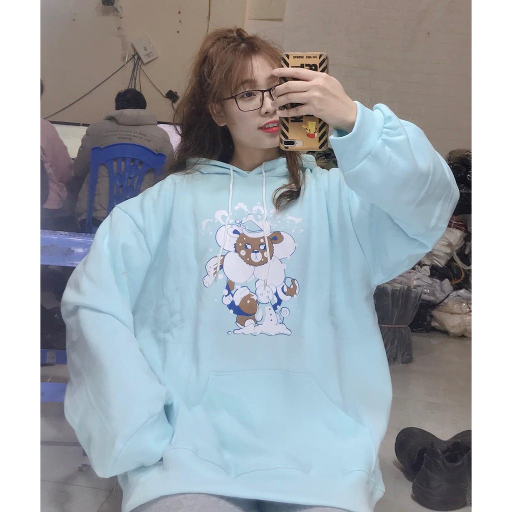 Áo hoodie nỉ hoa gấu Unisex dáng rộng siêu đẹp ảnh thật