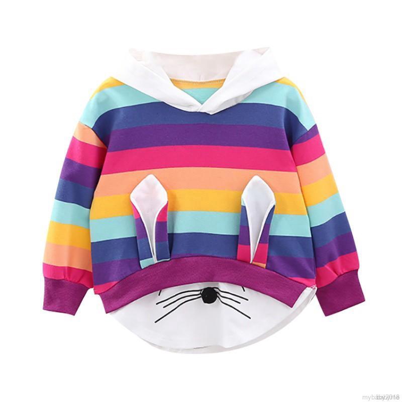 💕 My Baby 💕 Áo hoodie sọc ngang in hình vẽ tay dài đáng yêu cho bé gái