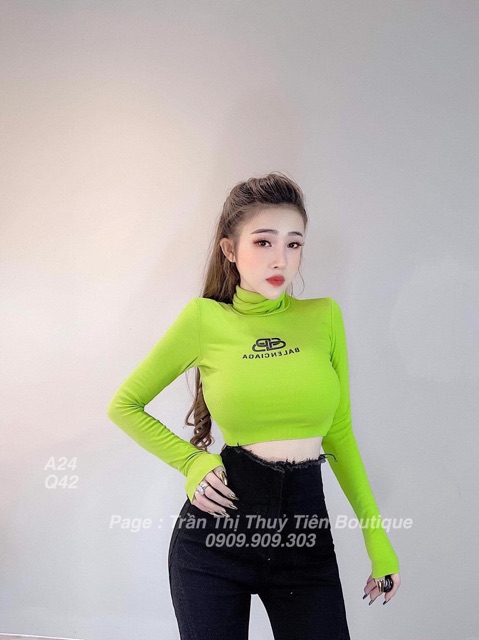 Áo CỔ LỌ TAY DÀI in chứ BB form croptop