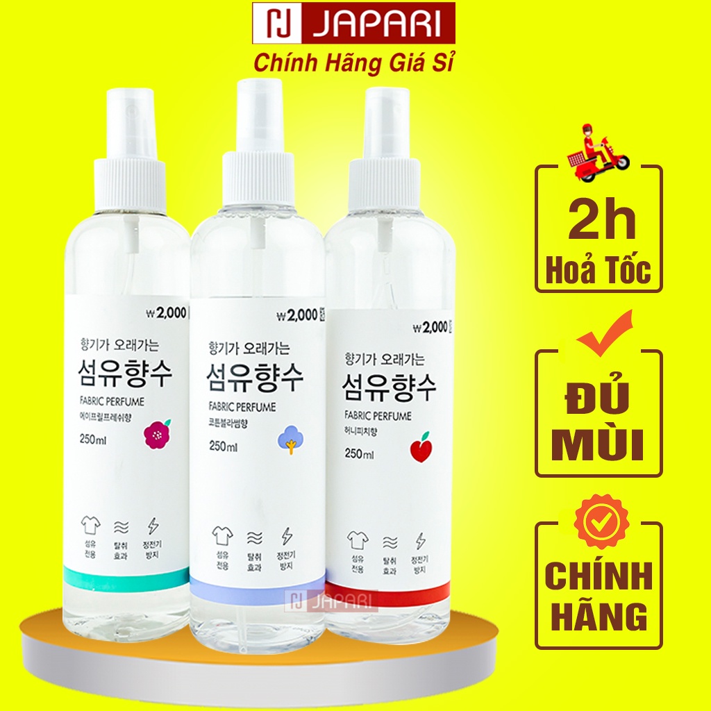 Xịt Thơm Quần Áo Hàn Quốc 250ml Fabric Perfume CHÍNH HÃNG-Xịt Khử Mùi Quần Áo, Chăn Gối,Đệm Hương Hoa,Gỗ,Đào JAPARI