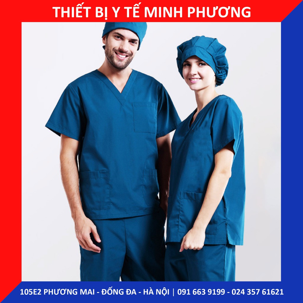 Bộ scrubs bác sĩ, quần áo y tế xanh cổ vịt đậm nam, nữ các size S M L XL