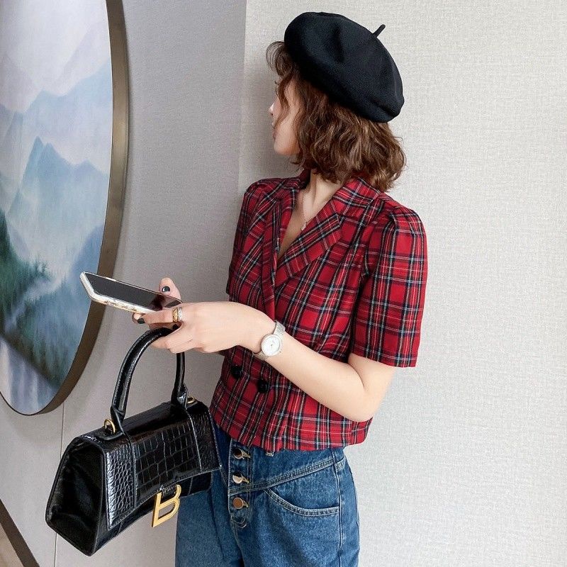 Áo Sơ Mi Voan Chiết Eo Cổ Điển Kiểm Tra Eo Mùa Hè Hàng Mới Dành Cho Nữ