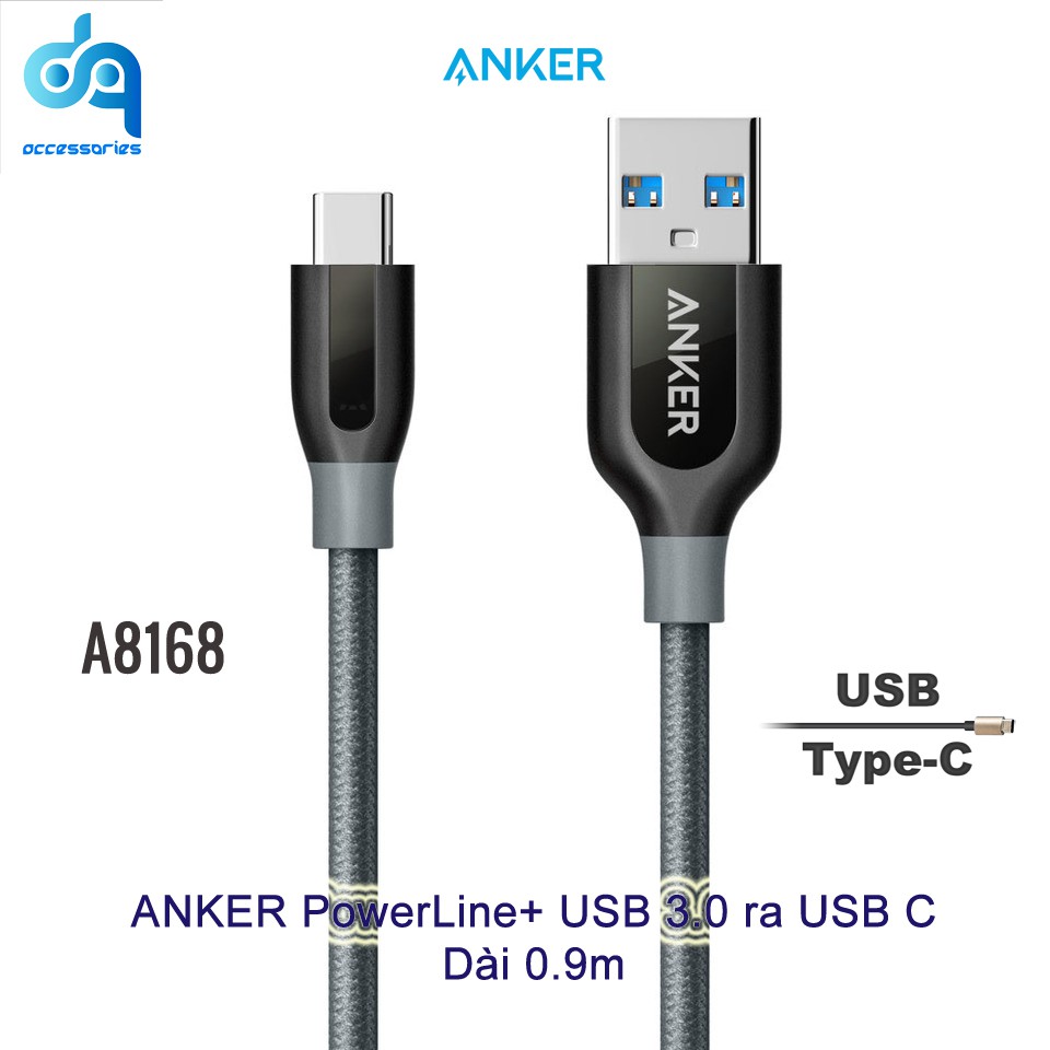 Cáp Anker PowerLine+ USB 3.0 ra USB-C - A8168 - Dài 0.9m