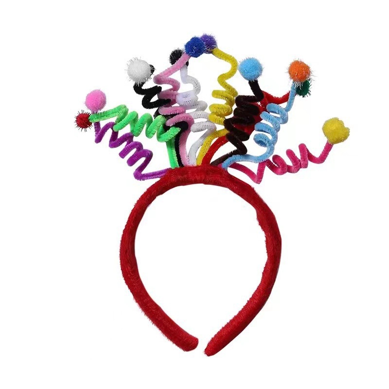 Băng đô cài tóc đỏ đính quả bóng lông lò xo nhiều màu sắc thời trang mùa hè đáng yêu