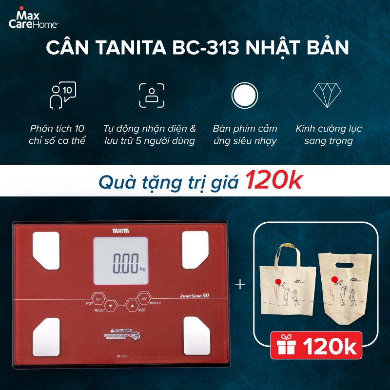 Cân phân tích 10 chỉ số cơ thể Tanita BC313 tự động nhận diện người dùng, chính hãng Nhật Bản