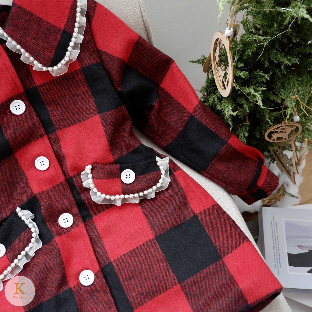 Áo khoác bé gái lót lông Kiwy Kids chất dạ kẻ cổ áo viền ngọc sang chảnh Kids2153 cho bé từ 5 đến 11 tuổi