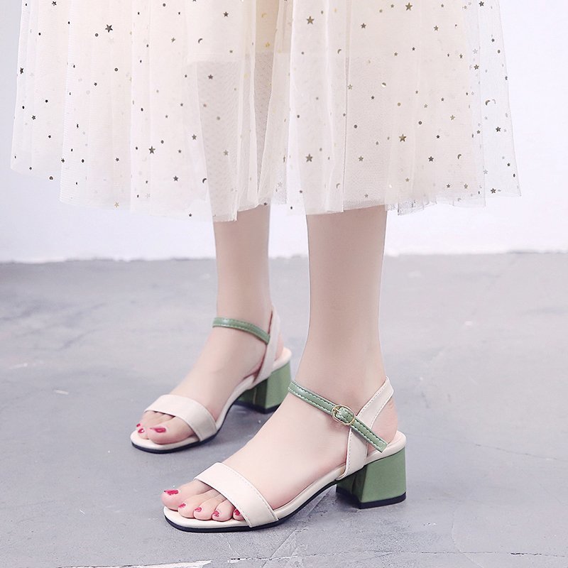 IELGY all-match buckle belt thick heel mid-heel open toe Korean style sandals women