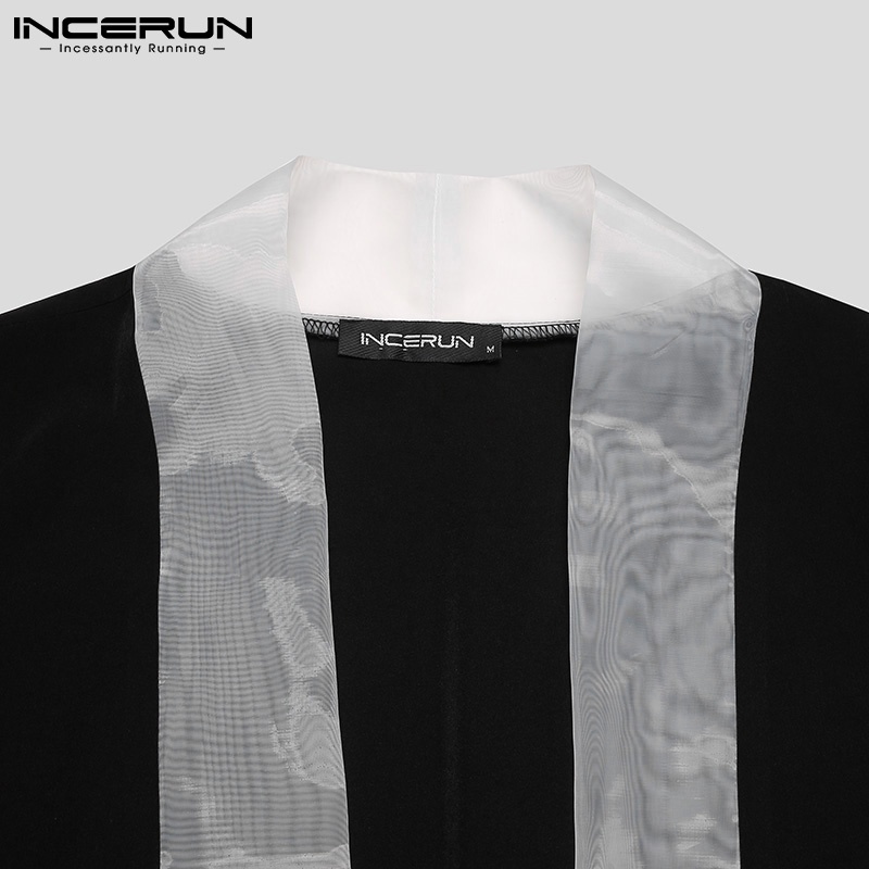 Bộ 2 món INCERUN gồm áo cardigan tay ngắn màu sắc tương phản + quần dài dáng rộng phong cách vintage cho nam