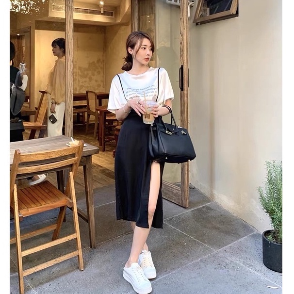 Set váy yếm màu đen dài Kèm Áo Thun Cotton 🦋 Sét Yếm Nữ Áo Thun Dáng Rộng 🦋