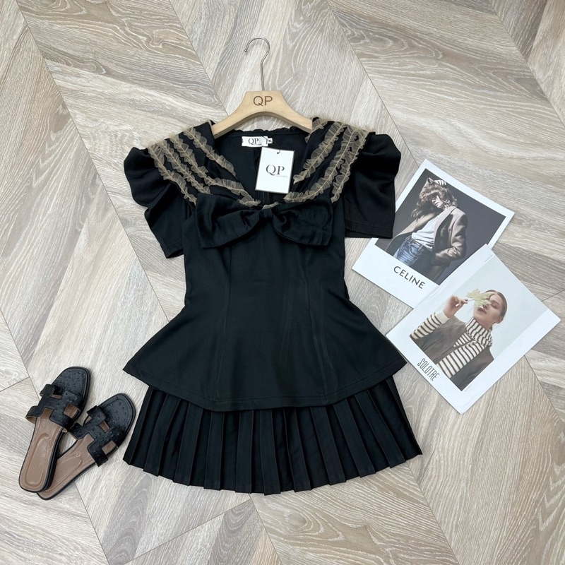 Set áo cổ bèo ren nơ + chân váy