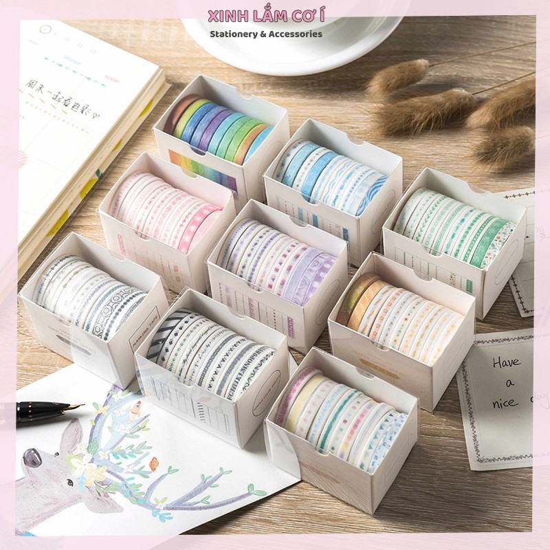 Set 10 Cuộn Băng Dính Washi Tape Nhiều Màu Sắc Trang Trí Sổ Nhật Kí Crapbook [Xinh Lắm Cơ Í]