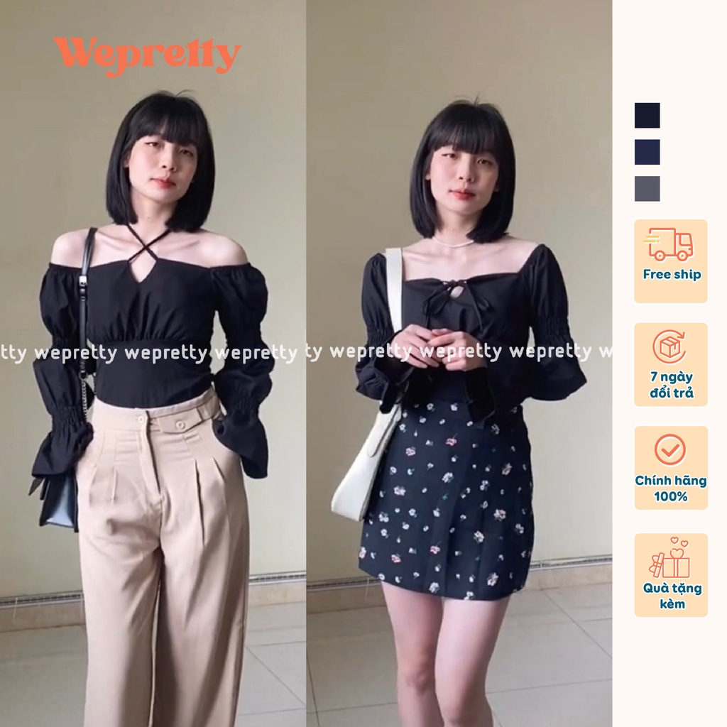 Áo trễ vai dài tay nữ dáng croptop phong cách hiện tại 2 màu đen và trắng chất thô mềm có mút ngực Wepretty Clothes