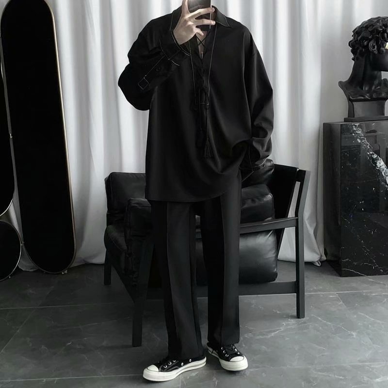 Áo Sơ Mi Tay Dài Màu Đen Thiết Kế Dây Rút Phong Cách Hàn Quốc Thời Trang Cho Nam