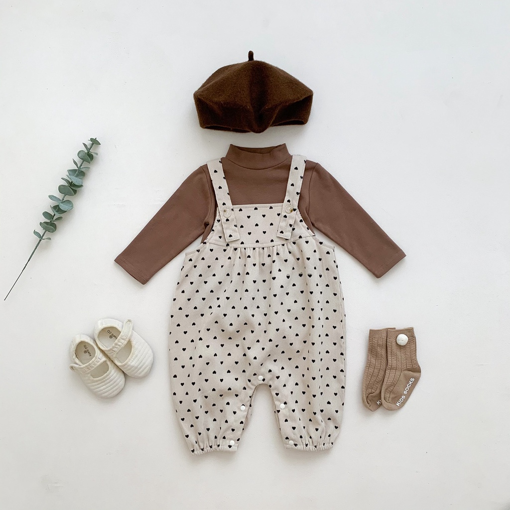 Bộ Áo Liền Quần Tay Dài Chất Liệu Cotton + Dây Đeo Họa Tiết Trái Tim Thời Trang Mùa Thu