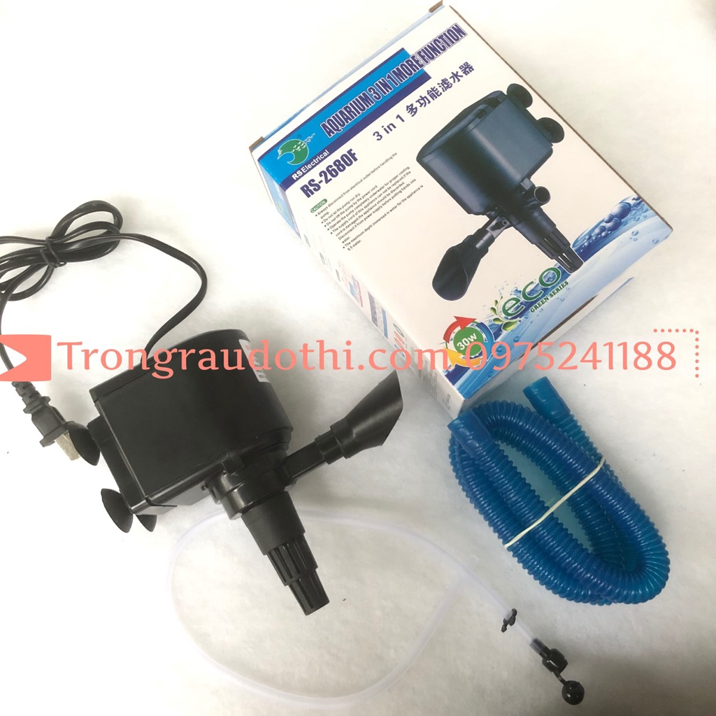 Máy bơm bể cá RS-9900 hoặc máy bơm bể cá RS-2680F: công suất 30W, với 3 chức năng: bơm + lọc + sục khí, siêu im lặng