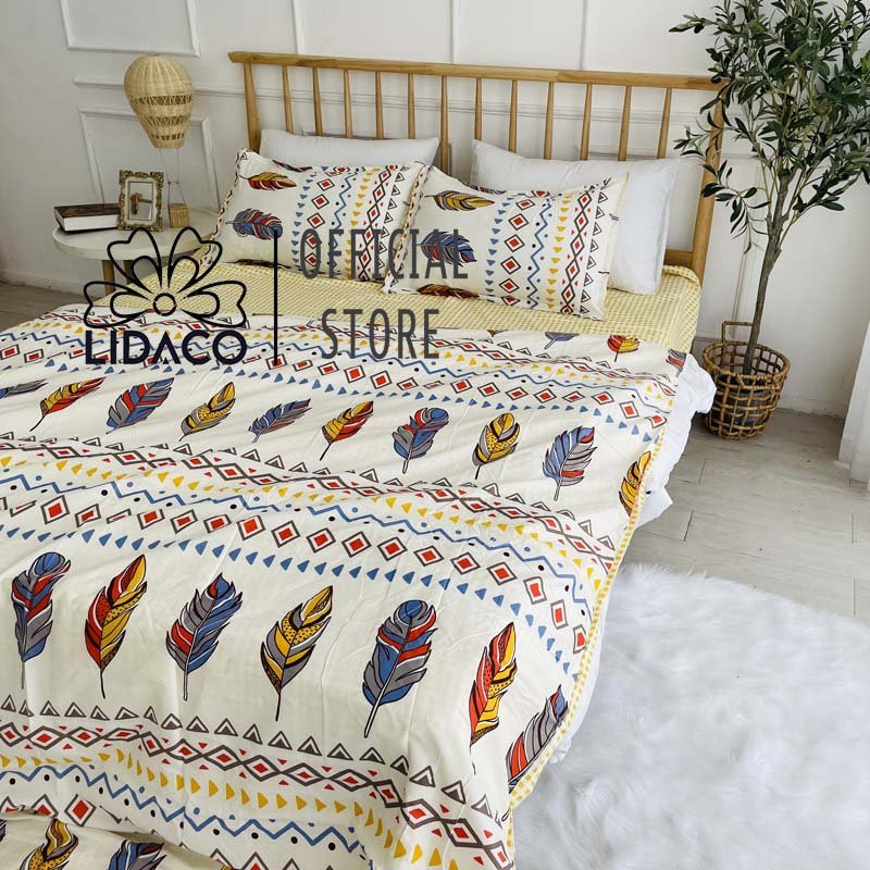 [Mã giảm 100k đơn 250k] Bộ chăn ga gối cotton poly Lidaco decor phòng ngủ vintage - Lông Chim Thổ Cẩm ( SP001279) | BigBuy360 - bigbuy360.vn