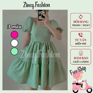 Đầm babydoll tay phồng cổ vuông cột dây lưng Đầm xoè hở lưng Váy công chúa tiểu thư dễ thương