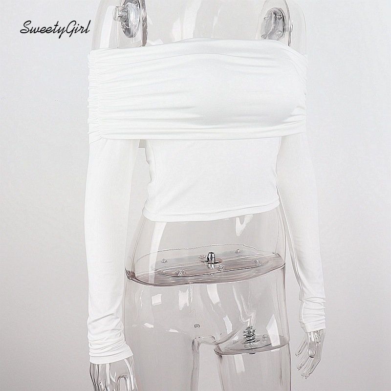 Áo croptop tay dài trễ vai dáng ôm màu trơn thời trang quyến rũ cho nữ