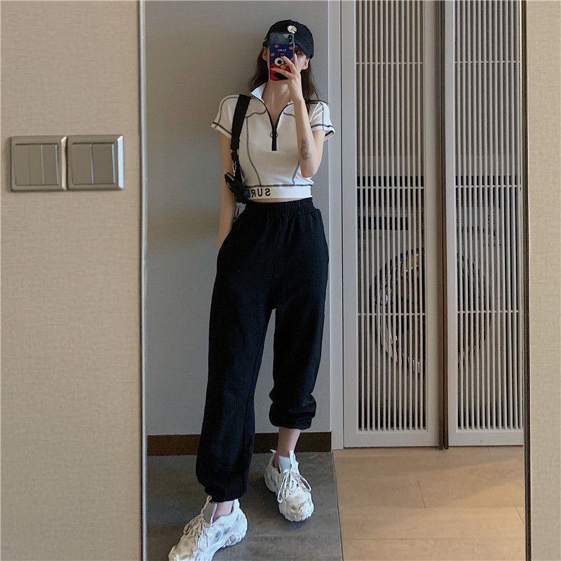 Áo Thun Đen Ngắn Tay Cổ Polo Phối Khóa Kéo Eo Cao Thời Trang Mùa Hè Dành Cho Nữ