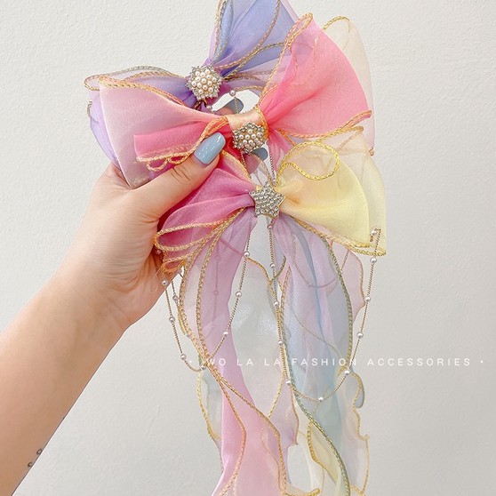 Kẹp tóc hình nơ vải lưới phối dây ruy băng kiểu Nhật Bản Hàn Quốc thời trang mùa hè cho nữ