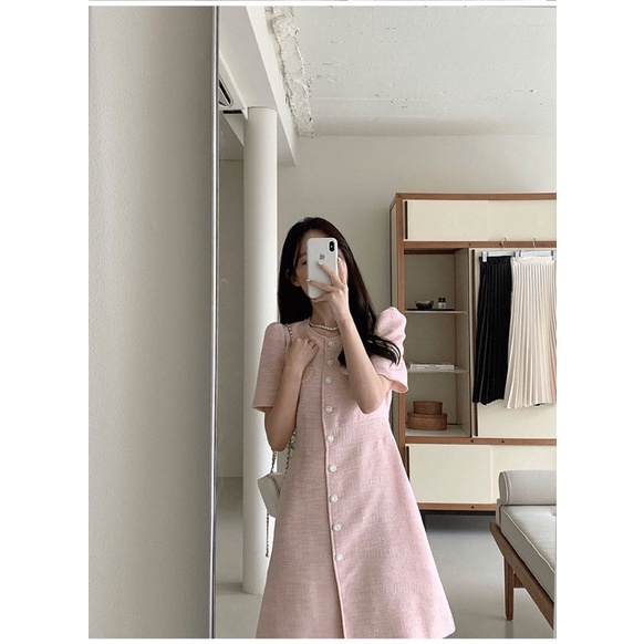 Váy dạ tweed chữ A ngắn tay cổ tròn khuy ngọc giành cho nữ