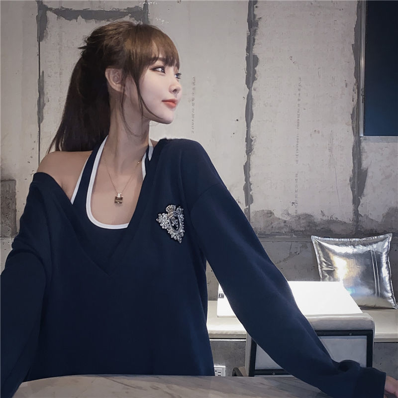 2021 Korean style loose pullover blouse 2-piece set women's mid-length sweater