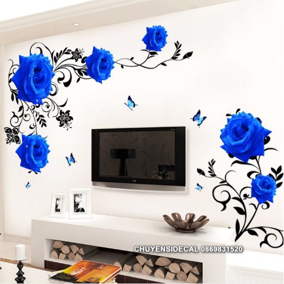 Decal dán tường - Hoa Hồng Xanh 3D ( 2 tấm )