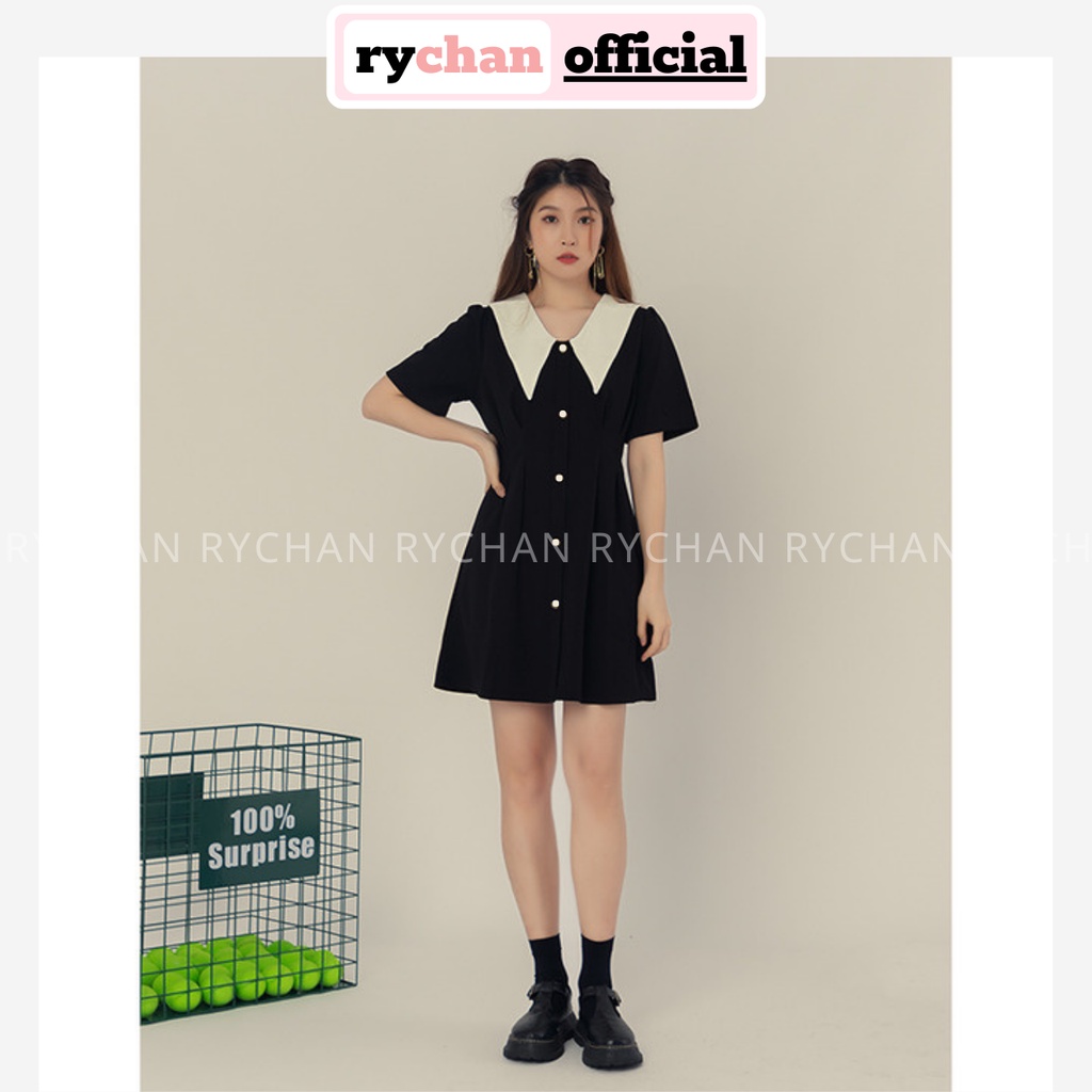 Đầm Đen Tay Ngắn Nút Trắng Chít Eo - DX0159