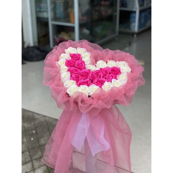 BÓ HOA TRÁI TIM - HOA SÁP THƠM 2 MÀU VOAN HỒNG