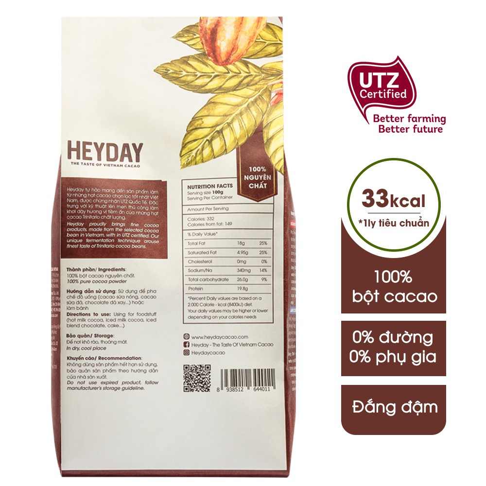 Túi 500g Bột cacao nguyên chất 100% không đường Heyday - Dòng Origin thượng hạng - Chuẩn UTZ Quốc Tế