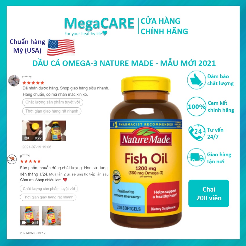 Dầu cá Nature Made Fish Oil Omega-3 của Mỹ 200 Viên - Mẫu mới 2021