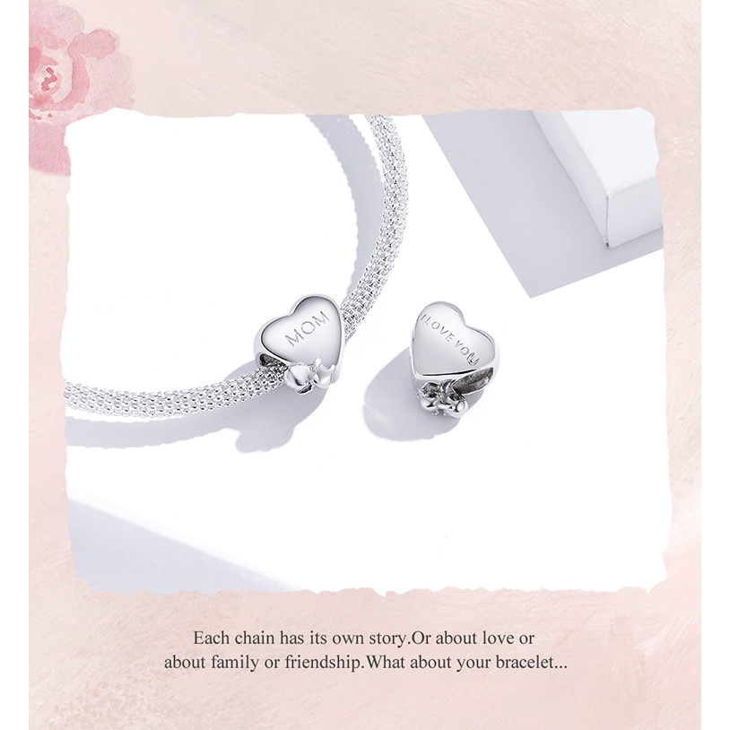 BAMOER Hạt Charm Bạc 925 Hình Trái Tim Khắc Chữ Mother's Day/Baby with Dùng Làm Trang Sức DIY BSC218