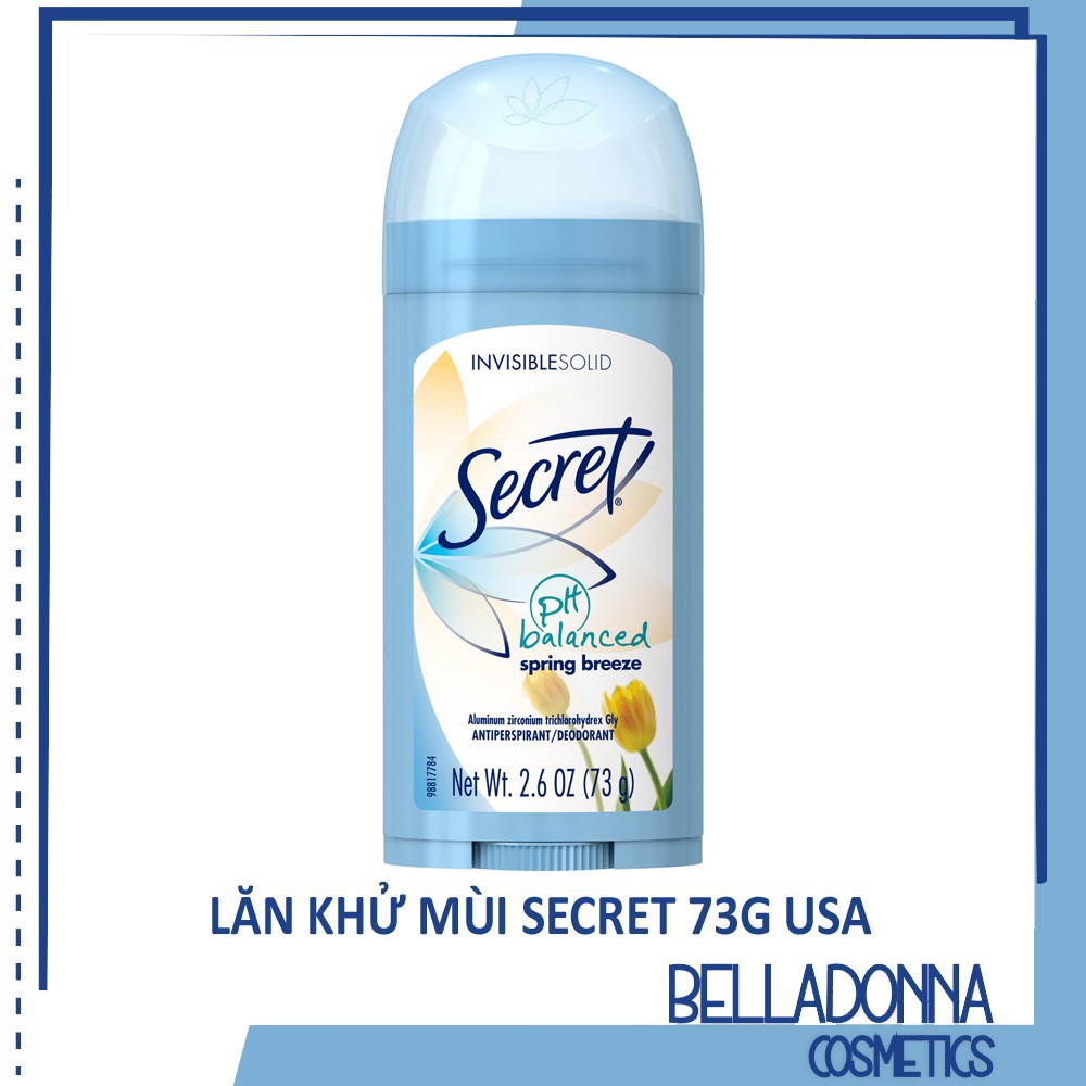 Lăn khử mùi sáp Secret PH Balanced Spring Breeze Invisible Solid 73g, Lăn sáp khử mùi chính hãng Mỹ dành cho nữ