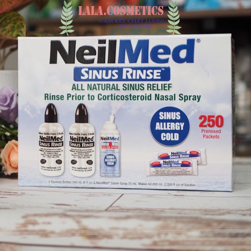 Bộ sản phẩm nước muối rửa mũi (nước muối sinh lý) Neilmed Sinus Rinse ( 250 gói + 2 bình + 1 xịt )