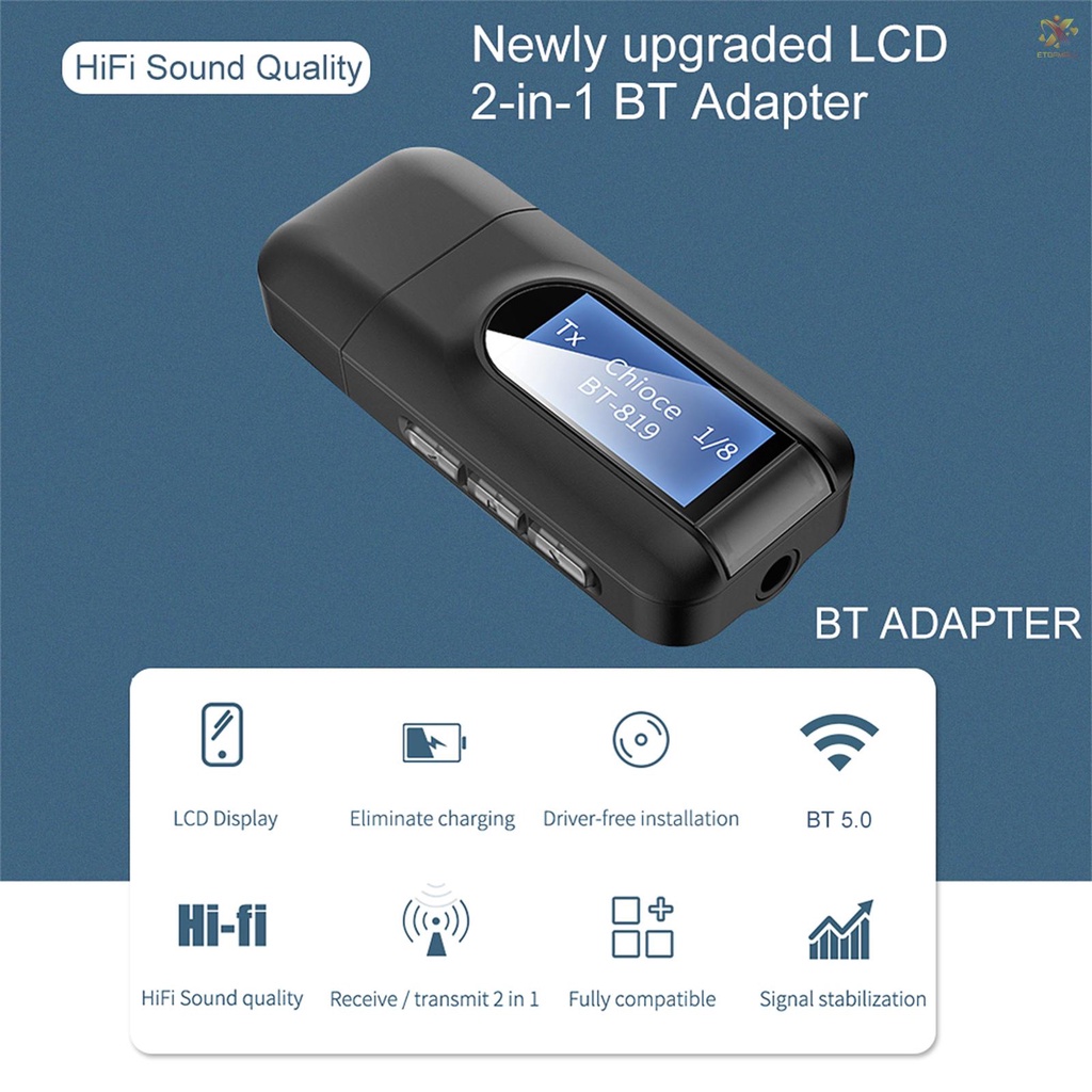 Bộ Truyền Nhận Tín Hiệu Bluetooth 5.0 2 Trong 1 Có Màn Hình Lcd Giắc Cắm 3.5mm Cho Pc Tv Xe Hơi