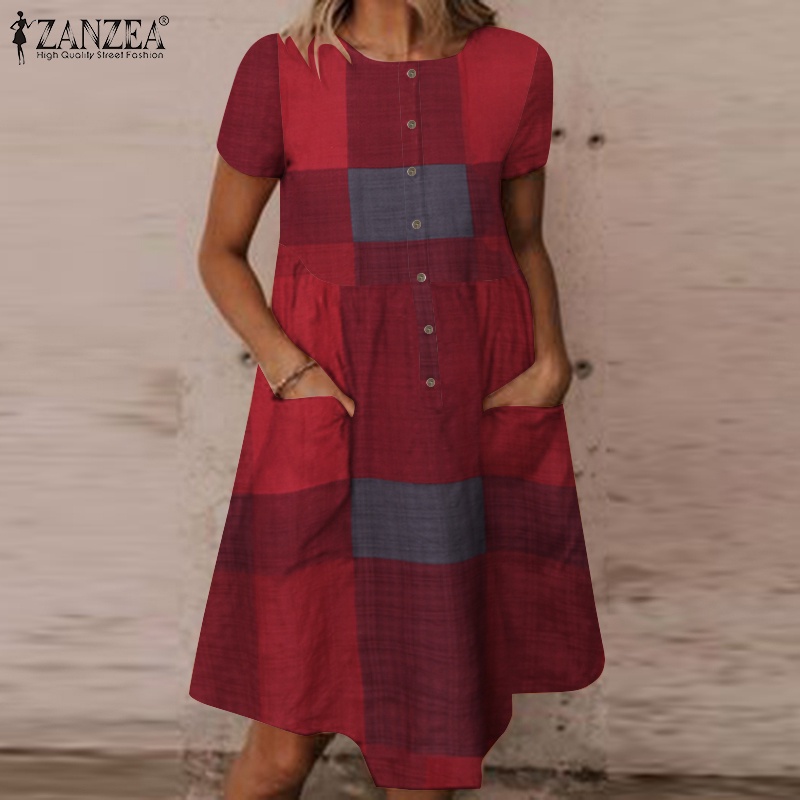 Đầm Zanzea nhỏ tay ngắn cổ tròn họa tiết caro phong cách Châu Âu retro dành cho nữ