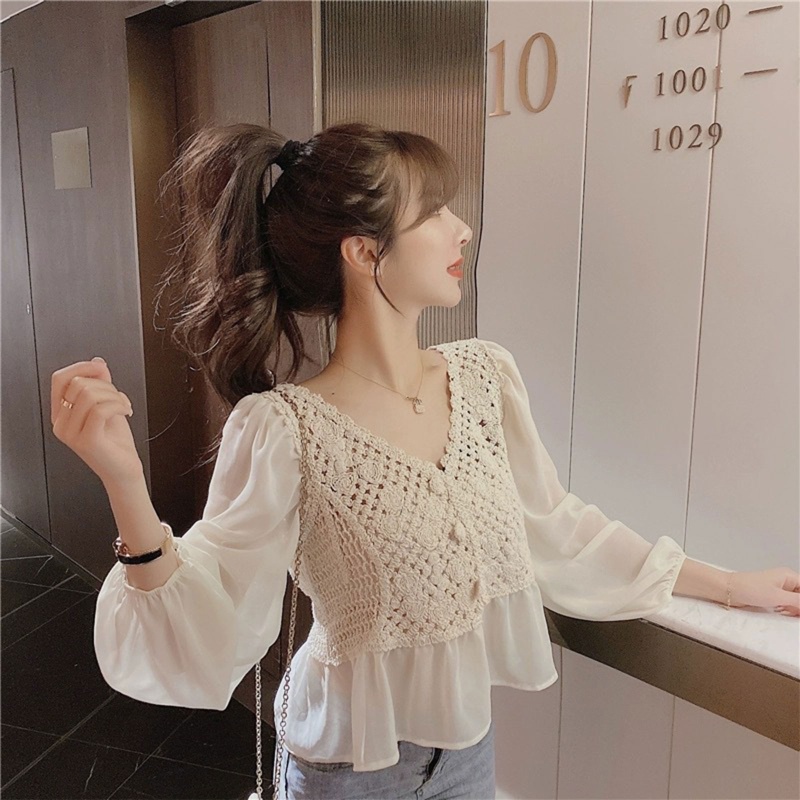 Áo Vest Đan Len Peplum Dệt Kim Tay Dài Phồng Cổ Chữ V Phối Bèo Thời Trang Cho Nữ